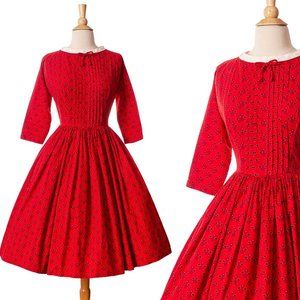 ❤️ Lanz Originals ❤️ Vintage 1950s Fit & Flare Dress, Red Cotton Day